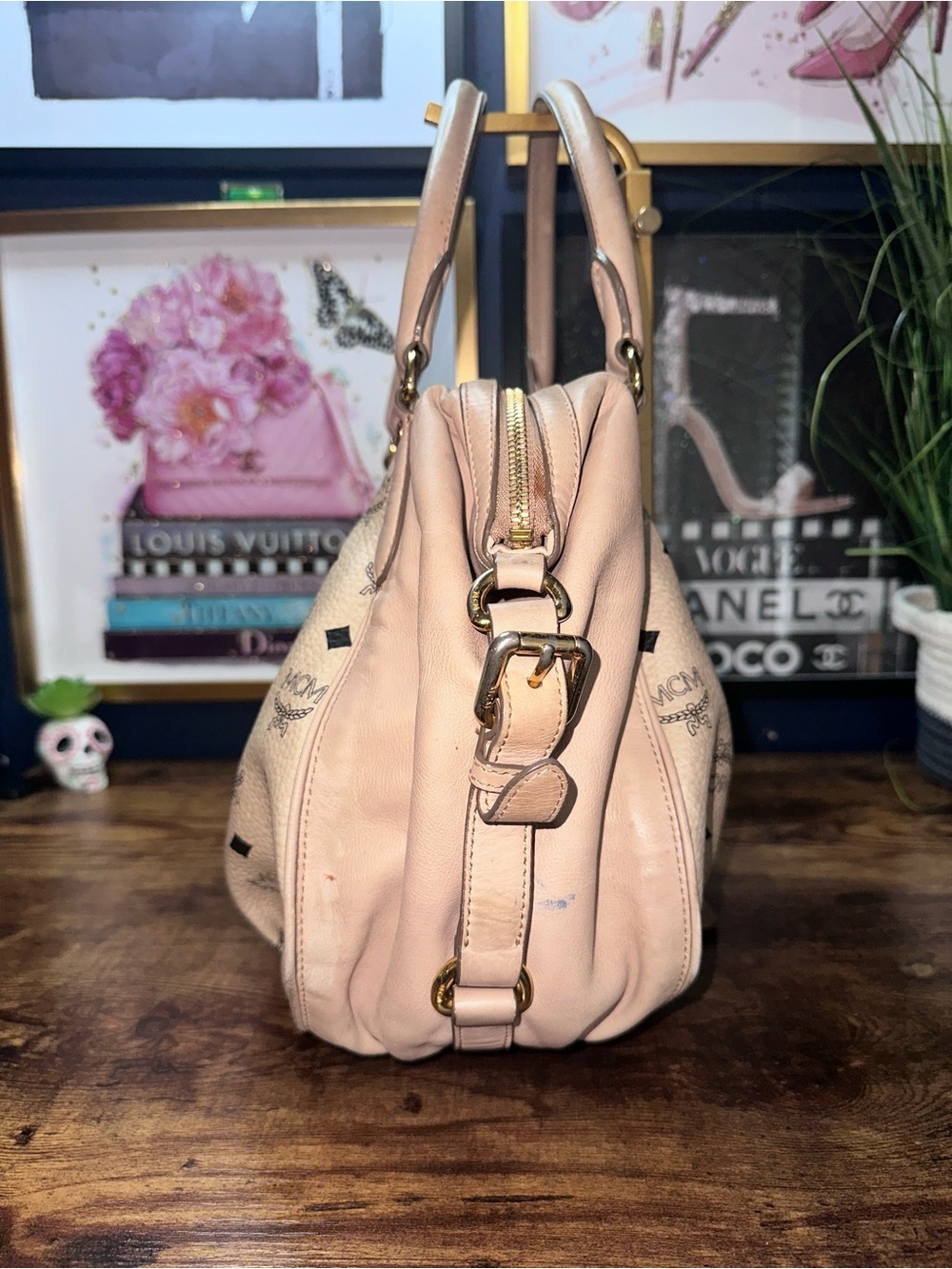 MCM Pink Logo Visetos Dome Satchel with Gold Plaque - Picture 5 of 16